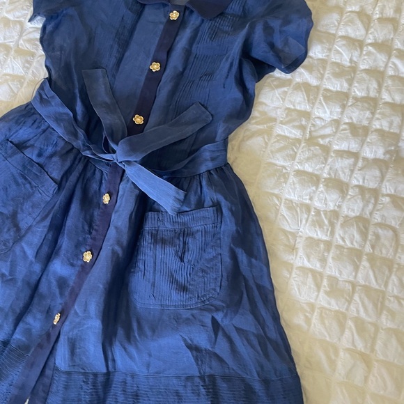 Anthro Manoush Silk Blue A-Line Dress with Peter Pan Collar - Picture 2 of 9
